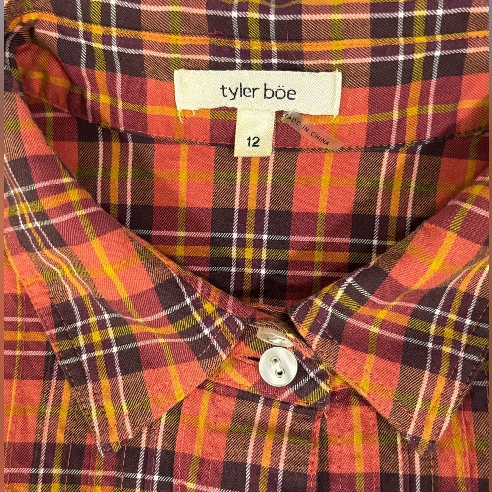 tyler böe Orange Blue Pintuck Button Up Brush Cotton Plaid Cottagecore Shirt 12 - Picture 3 of 10